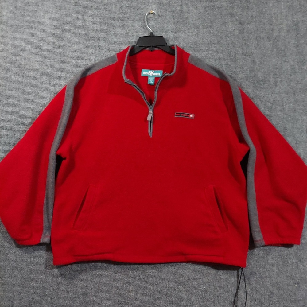 Big Dogs Pullover Mens 2XL Red Gray Fleece Quarter Zip Pockets Drawcord‎ Logo